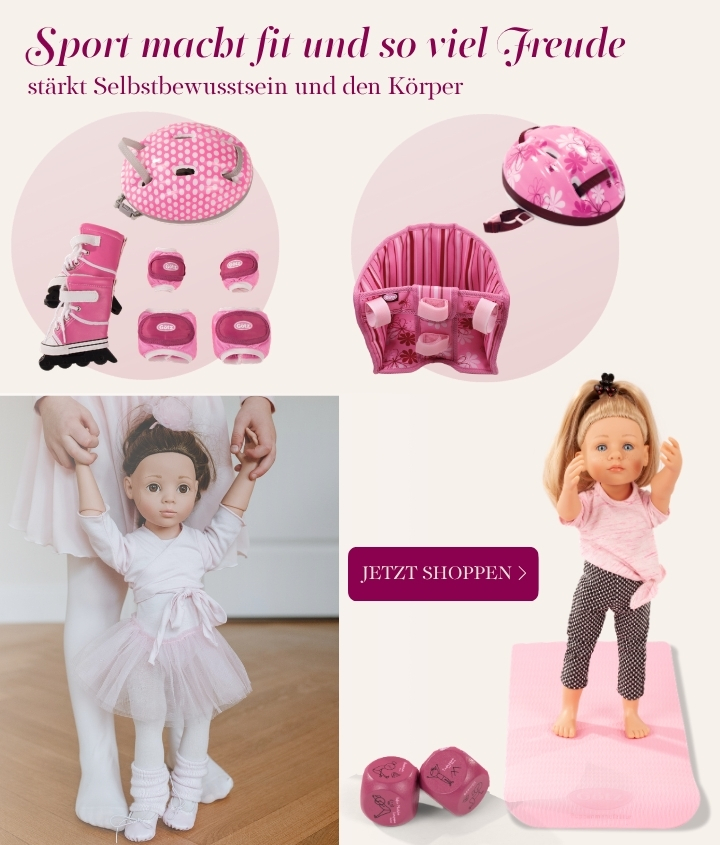 Sportoutfits und Outdoor-Zubehoer für Puppen. Inliner-Set, Ballettoutfit, Yoga-Stehpuppe mit Zubehoer und Rad- und Reithem mit Fahrradsitz von Goetz
