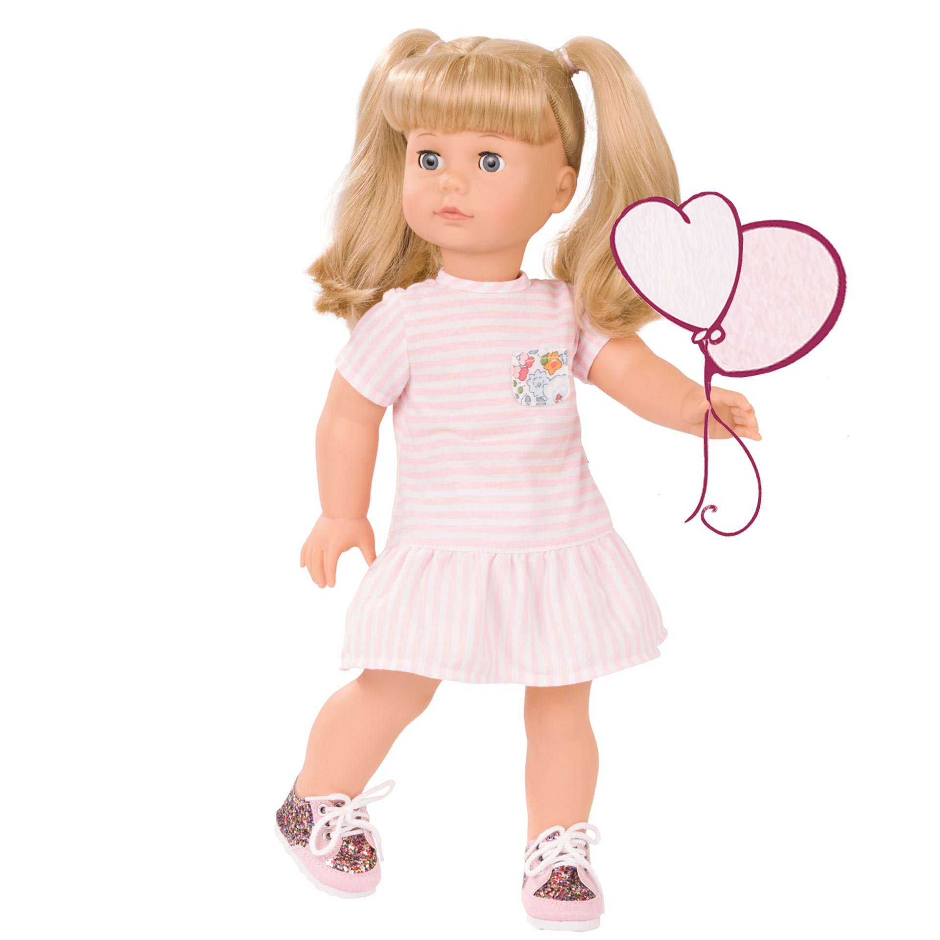 1690398-jessica-summertime-precious-day-stehpuppe-goetz jessica-summertime-precious-day-stehpuppe-goetz-sommerkleid-chucks-stoffturnschuhe-blond-schlafaugen-zoepfe