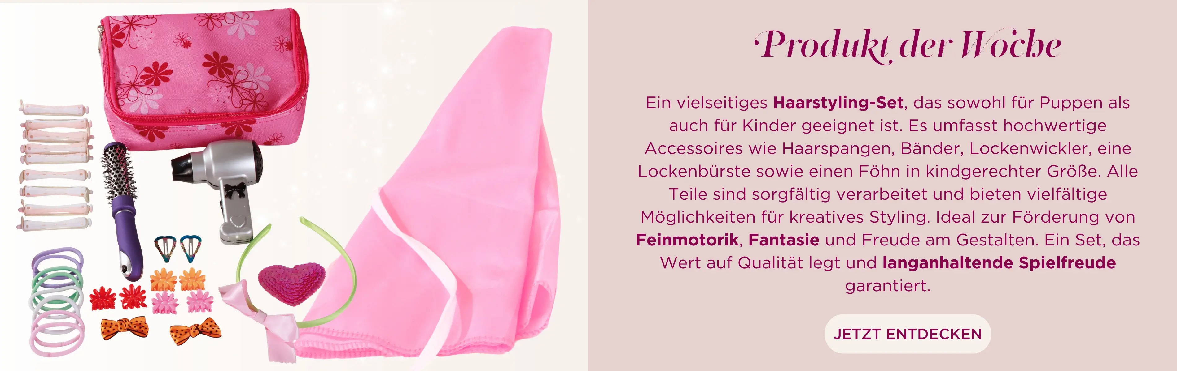 Frisierset in einer schicken Tasche. Föhn, Lockenbürste, Lockenwickler, Haargummis, Haarreif, Haarspangen, Haarclips und Frisierumhang von Goetz