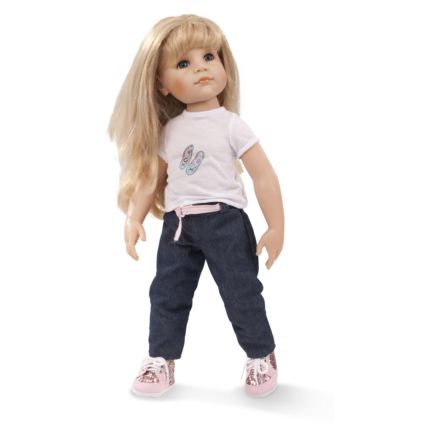 hannah-princess-stehpuppe-goetz-zubehoerkleidung-jeans-glitzersneaker-t-shirt-blonde-haare