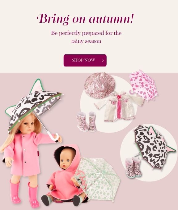 reichlich Zubehoer fuer Goetz Puppen fuer die Regenzeit. Regenschirme, Gummistiefel, Regencape und Regenjacke und mehr von Goetz