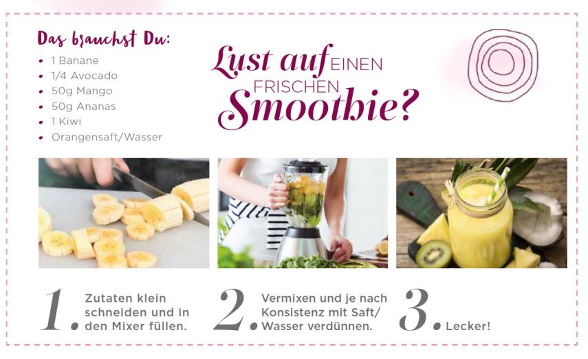 Schritt für Schritt Anleitung für die Zubereitung eines gesunden Smoothies mit Banane Avocado Mango Ananas Kiwi Orangensaft und Wasser