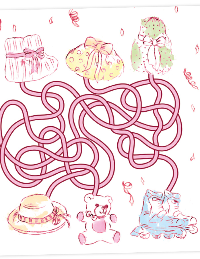 Raetselblatt bei dem man Linien folgen kann, um Geschenke den Verpackungen zuzuordnen