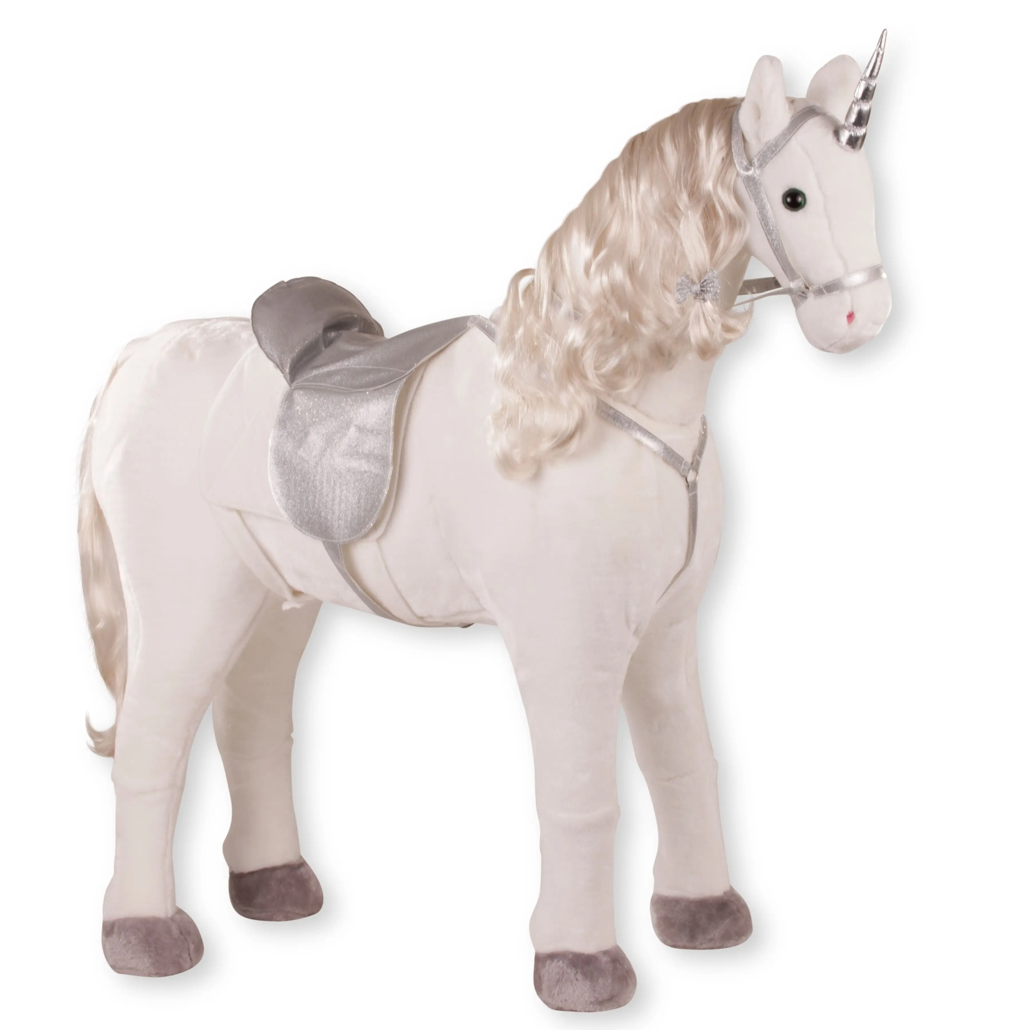 Sitzpferd Einhorn mit einem Stockmass von 77 cm aus weissem Pluesch mit silber Einhorn, Sattel, Satteldecke in weiss und Halfter von Goetz