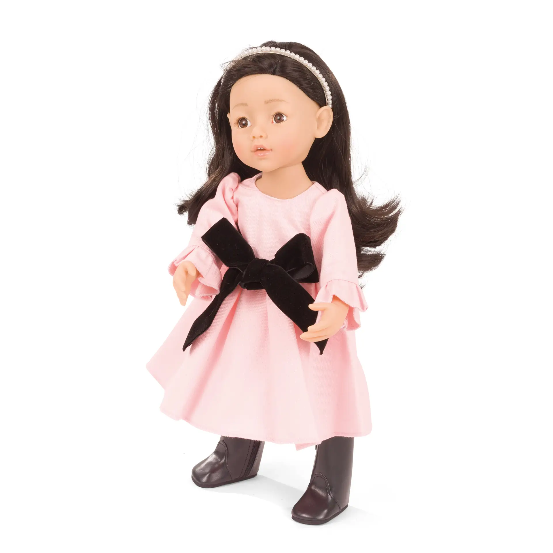 little-kidz-marianne-jubilee-mulitgelenkstehpuppe-goetz-perlenhaarreif-haarreif-schwarzhaarig-sonderedition-stiefel-kleid-rueschen-feststehende-augen