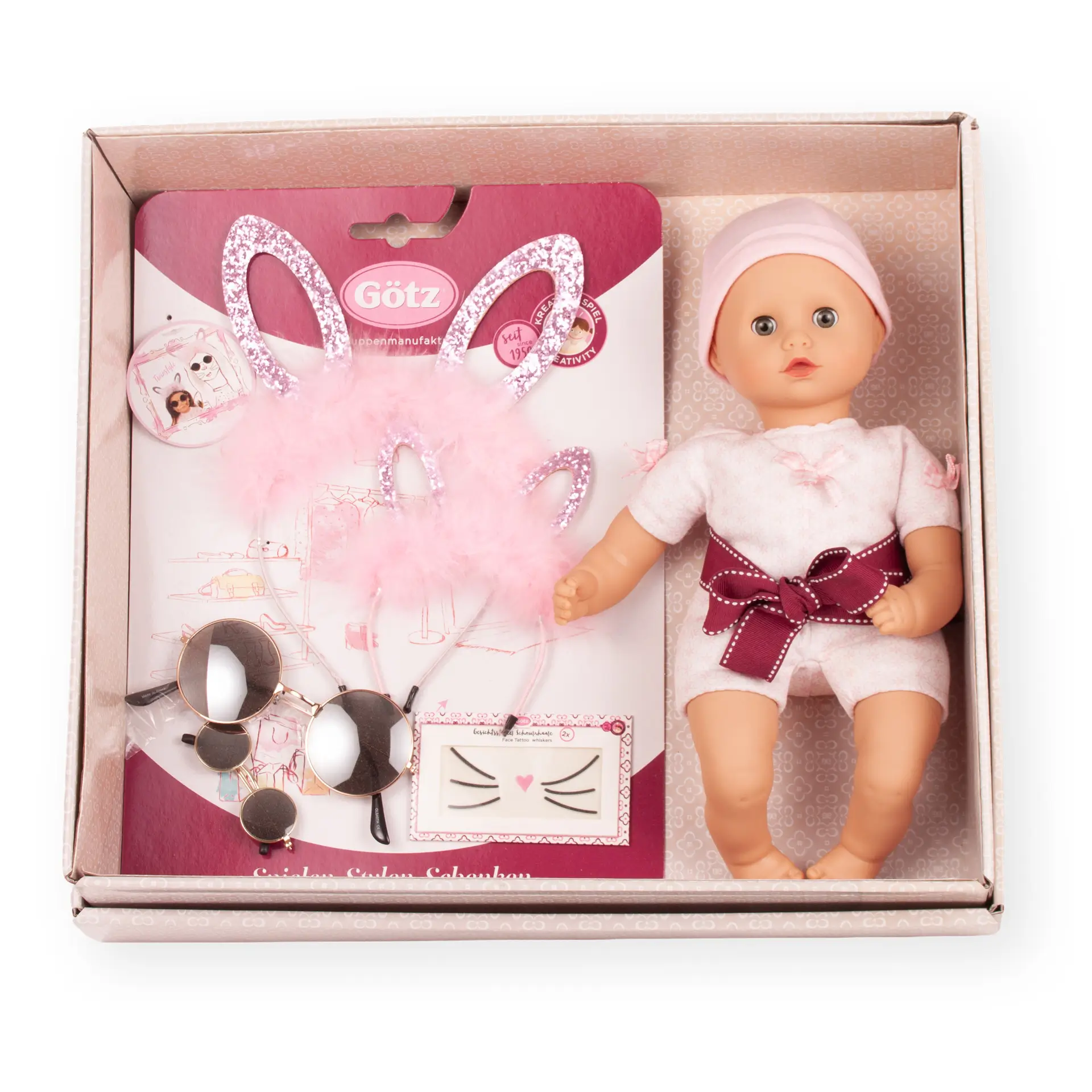 Oster-Geschenkbox mit Babypuppe Gr. 33 cm mit Glitzer-Haarreifen und Nickelbrillen fuer Kind und Puppe. Gesichtstattoo von Goetz