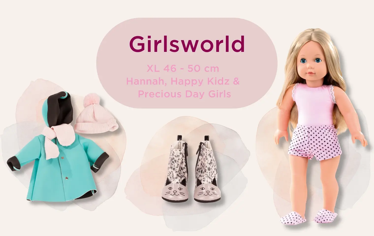 Girlsworld Gr. XL: 46 cm grosse blonde Stehpuppe mit Gummistiefeln, Neoprenjacke, Mütze und Schal