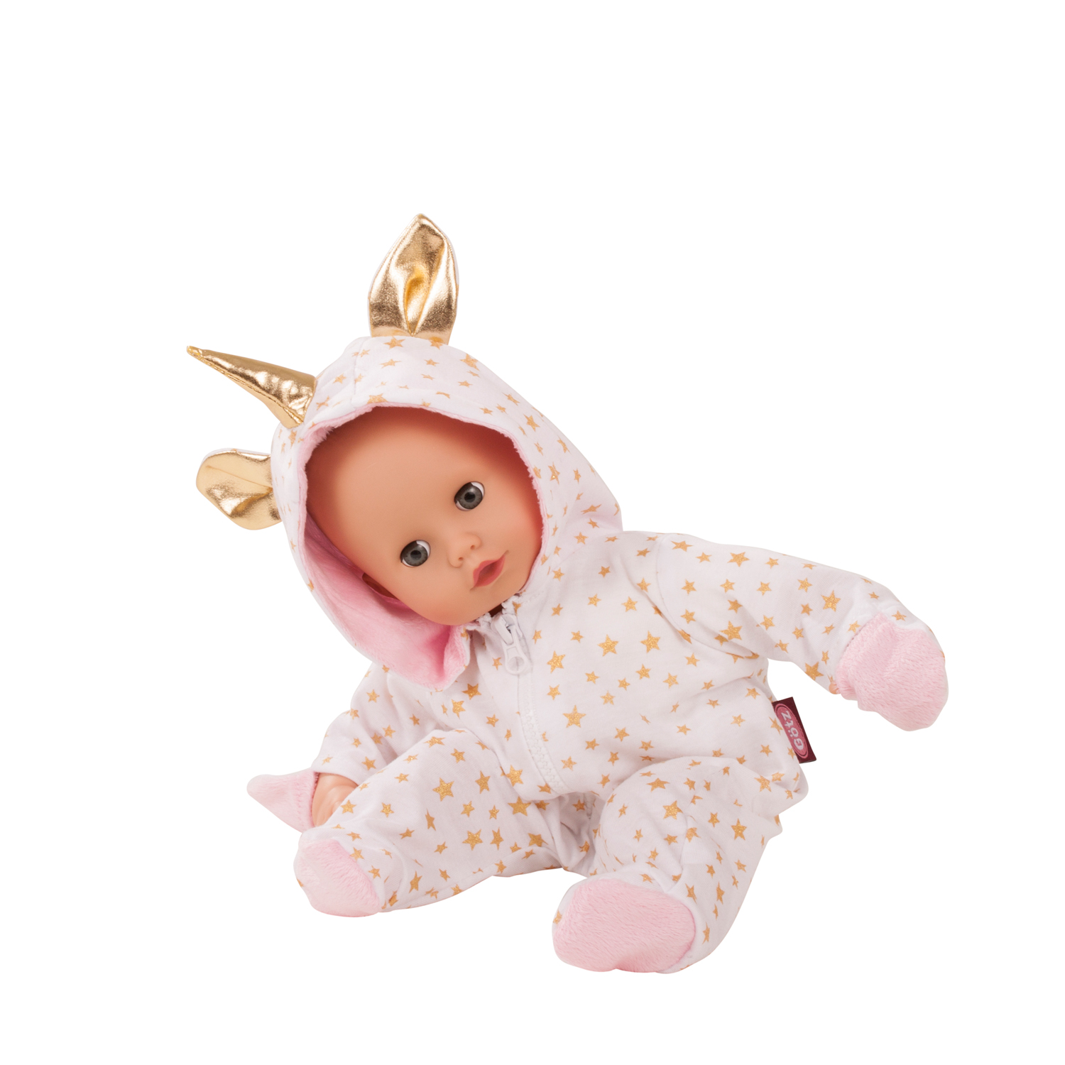 33 cm grosse Babypuppe im Einhorn-Onesie mit goldenen Sternen