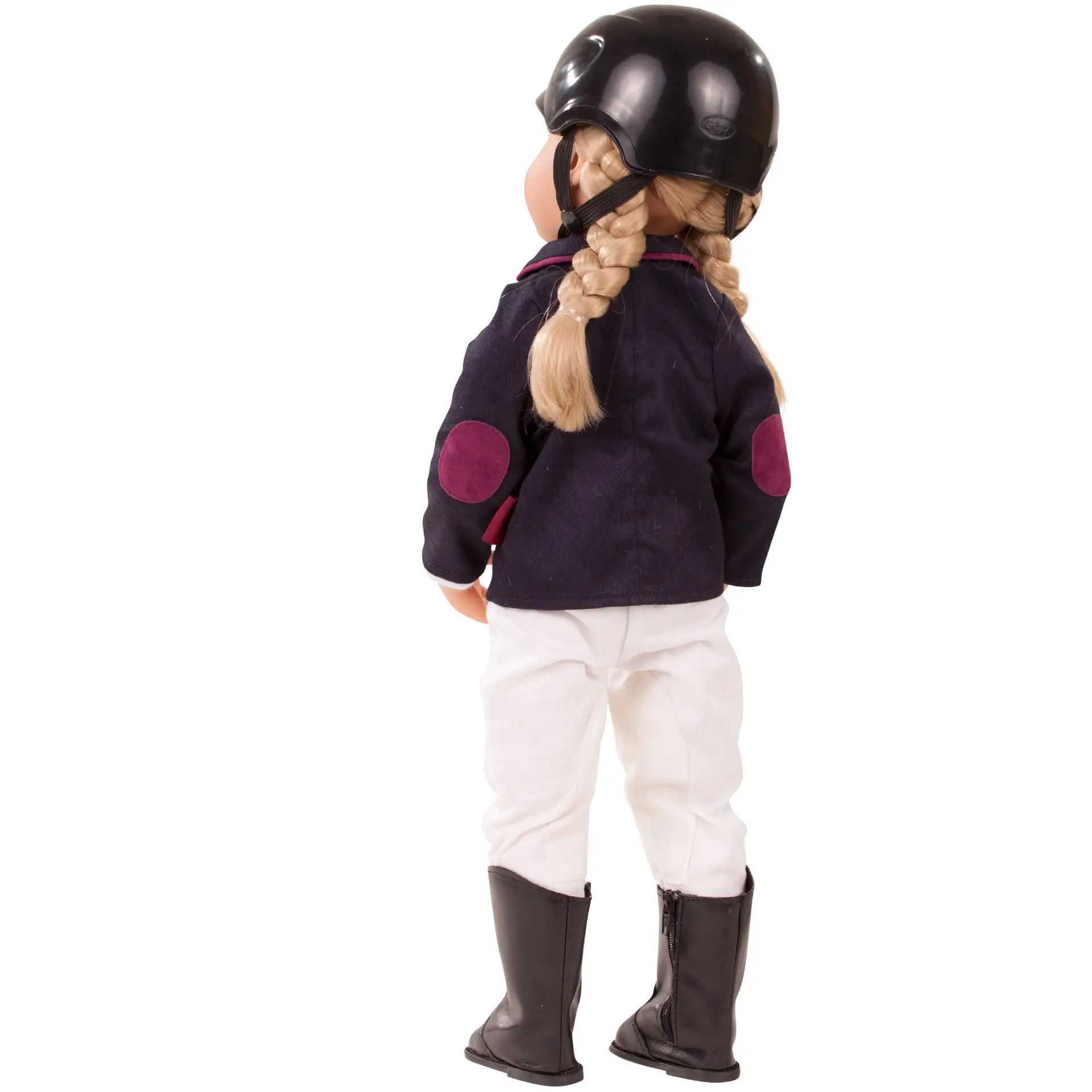 happy-kidz-anna-stehpuppe-goetz-detailaufnahme-reitjacke-reithose-turnierhose-reitstiefel-reithelm-shirt-blond