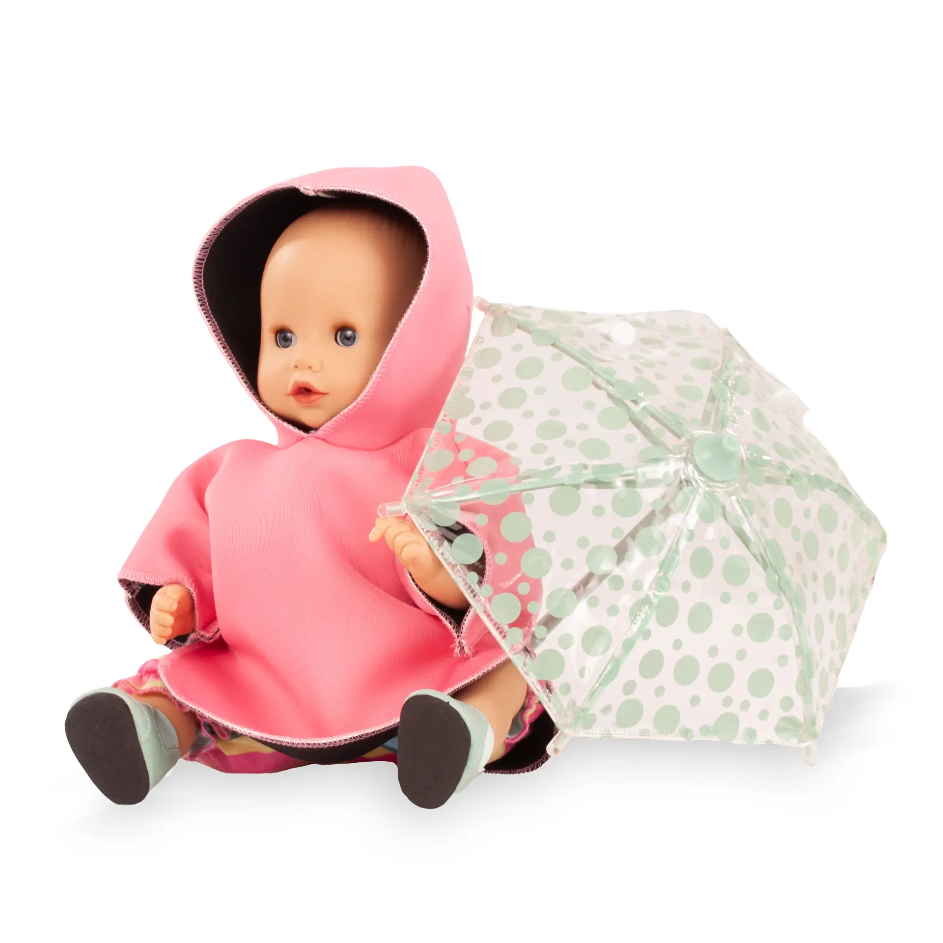 Bild von Puppe Gr. 30-33 cm in Regenbekleidungsset, bestehend aus einem Neopren-Cape mit Regenschirm und Boots in tuerkis von Goetz