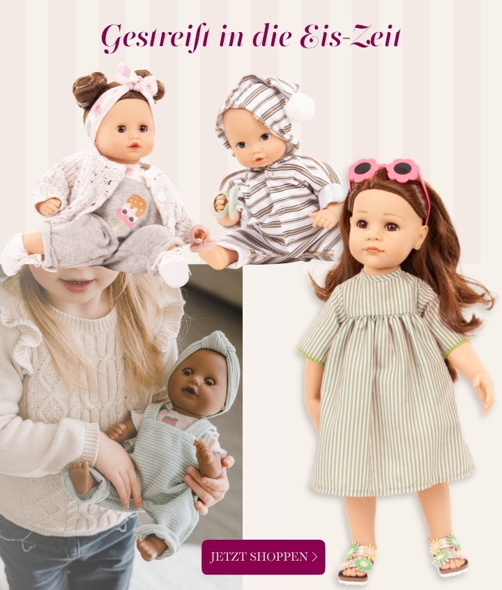 Steh- und Babypuppen in gestreiften und geringelten Outfits von Goetz