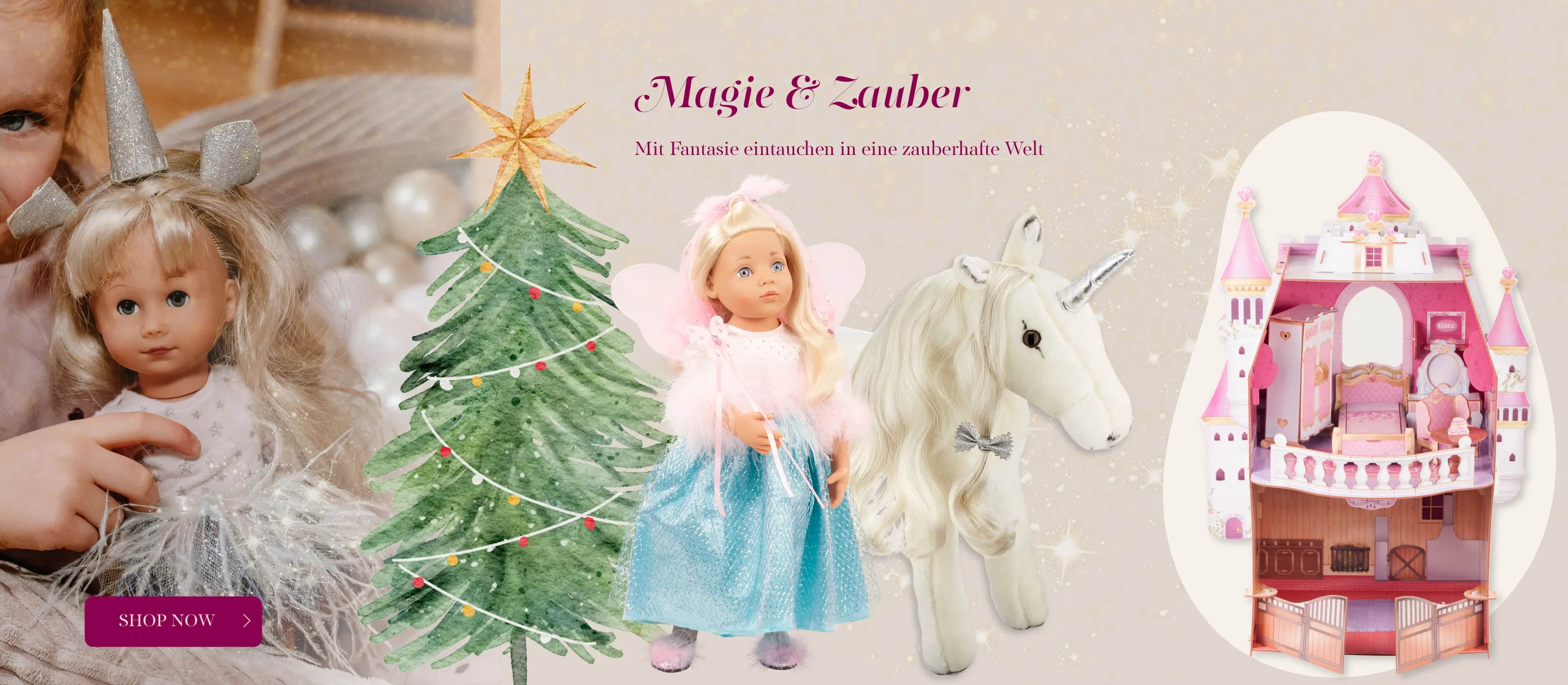 Stehpuppe Gr. 26 cm und Stehpuppe Gr. 50 cm als Fee mit Pluescheinhorn und einem Schloss von Goetz