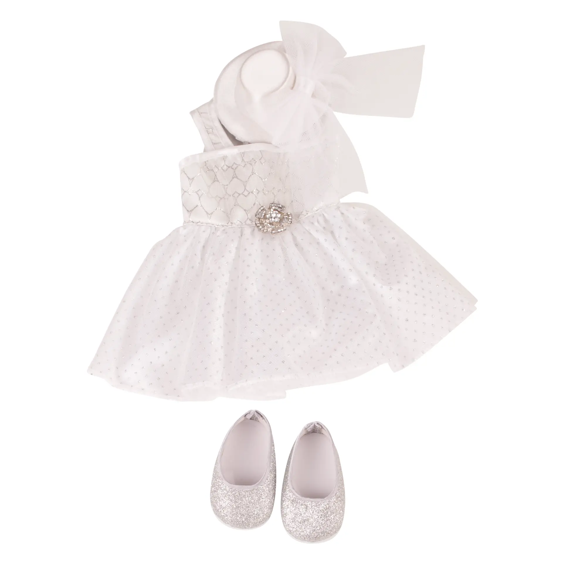 Bekleidungsset fuer Stehpuppen Gr. 45-50 cm in Weiss mit Silber mit Hutspange und silberfarbenen Ballerinas von Goetz