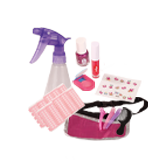 Haarstyling Set fuer Puppen mit Lockenwicklern Nagellack Lipgloss Spruehflasche Frisiertasche Haarkreide und Tattoos
