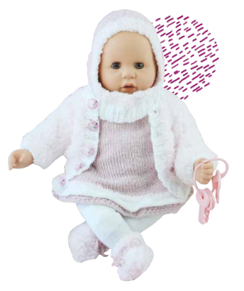 48 cm grosse Babypuppe im gestrickten Kleid und passender Jacke