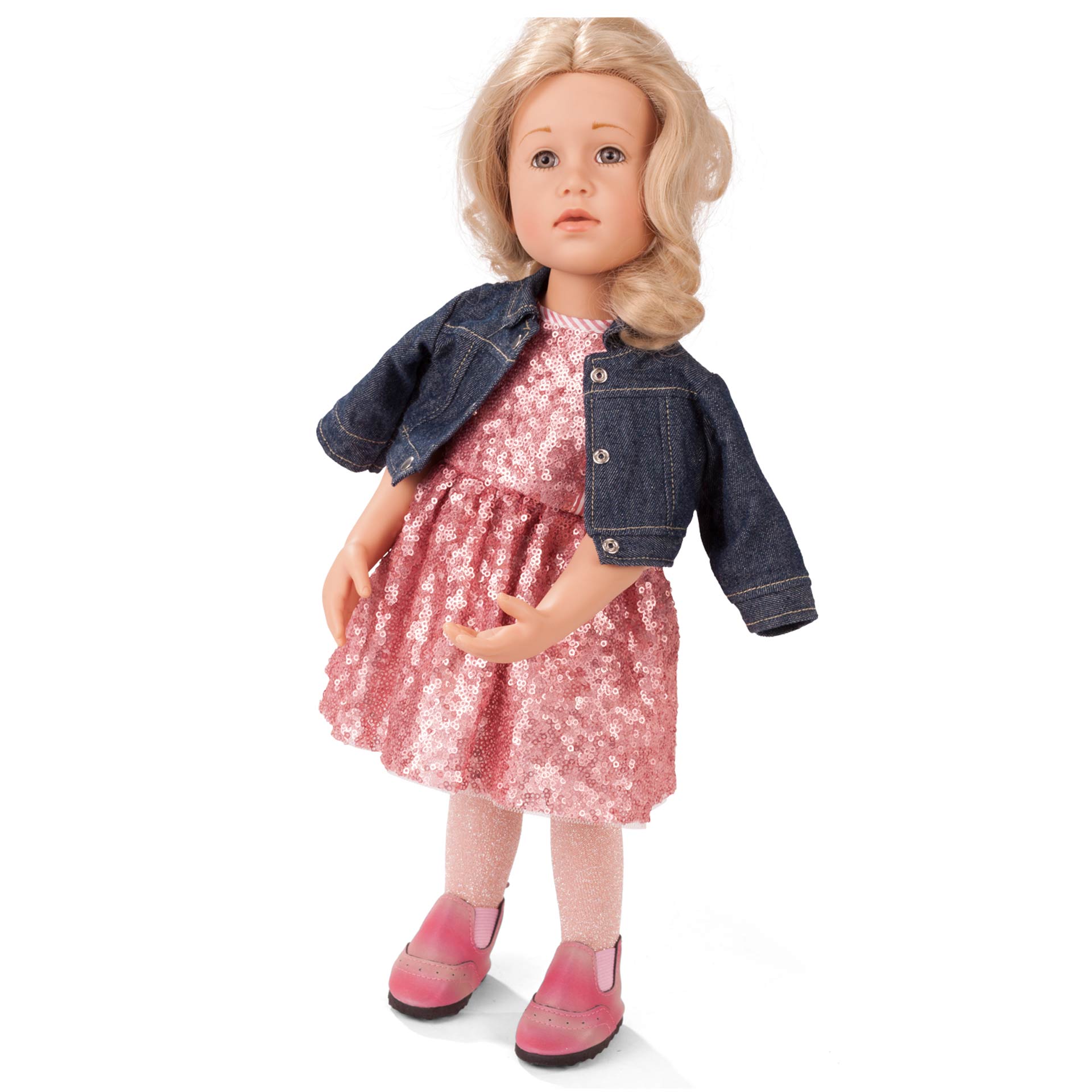 3403030-kombi-glitter-glamour-bekleidung-stehpuppe-goetz 3403030-kombi-glitter-glamour-bekleidung-stehpuppe-kleid-jeansjacke-strumpfhose-chelsea-boots-jeansjacke-goetz