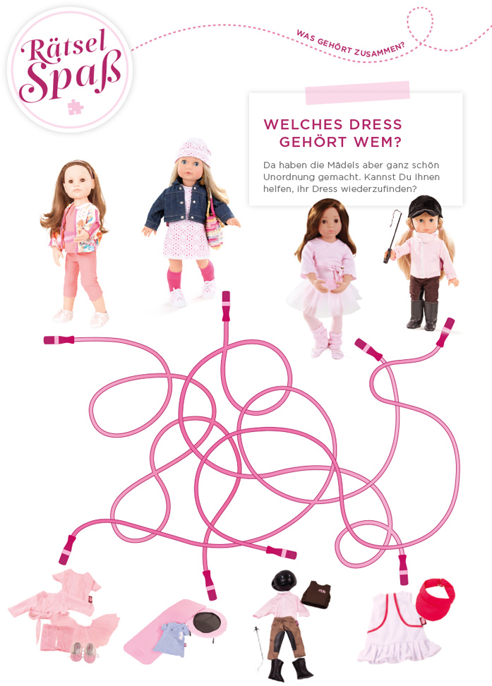 ri-ra-raetsel-goetz-puppen-was-gehoert-zusammen-kinder Raetselblatt mit vier Stehpuppen und verschiedenen Sportoutfits Ballett Yoga Reiten und Tennis zum Zuordnen