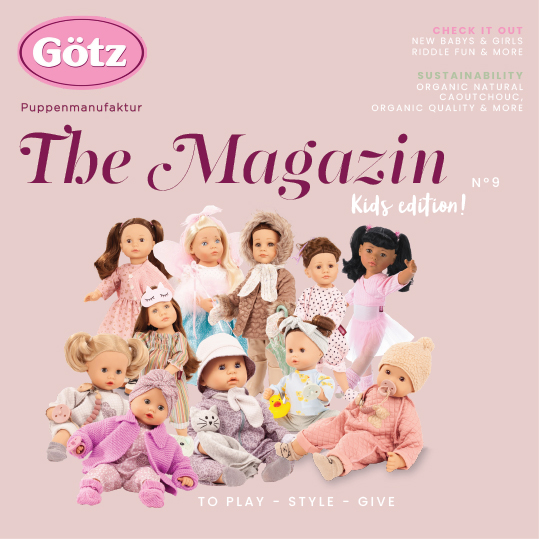 Cover of Goetz Dolls Magazine No 9 with several standing dolls and baby dolls