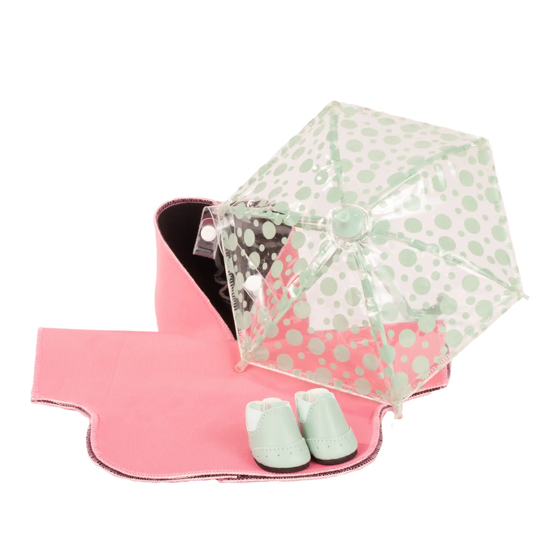 Regenbekleidungsset fuer Babypuppen Gr. 30-33 cm. Ein Neopren-Regencape in rosa mit tuerkisfarbenen Boots und einem Regenschirm in durchsichtig mit tuerkisfarbenen Tupfen von Goetz
