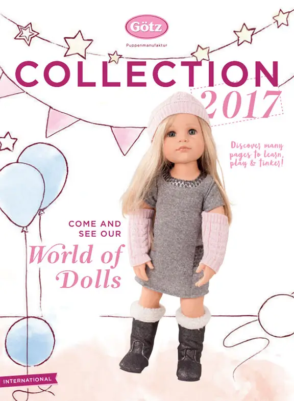 Cover of the Goetz Collection 2017 catalog featuring a 50 cm tall blonde standing doll dressed in winter clothing, accompanied by illustrations of balloons and garlands