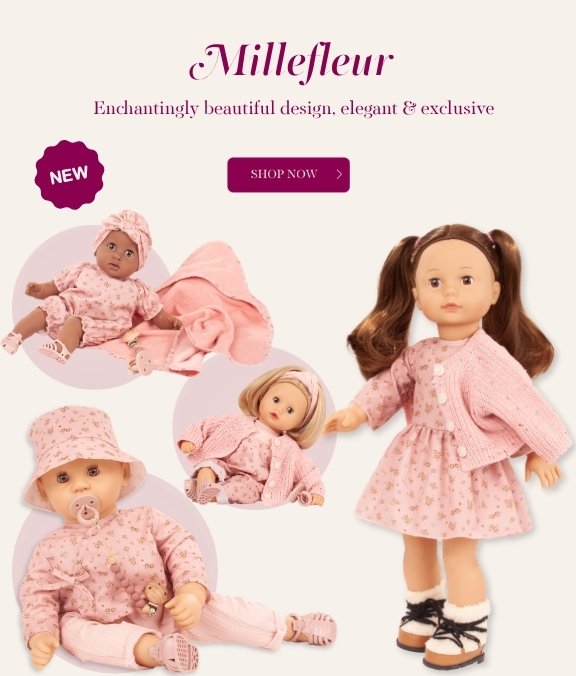 Stehpuppe 45-50 cm und Babypuppen 33-48 cm im Bekleidung mit Millefleur-Muster von Goetz