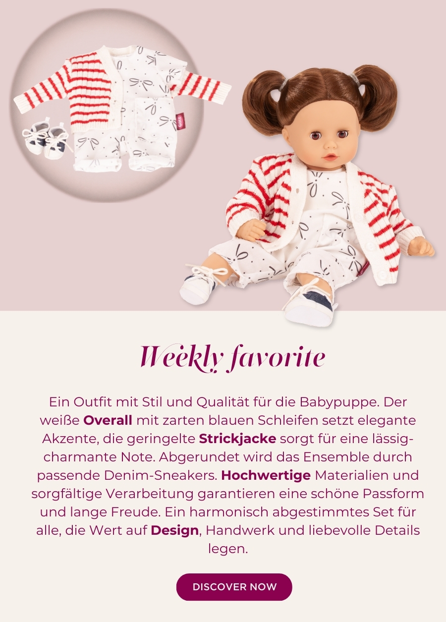 Babybekleidung in Gr. 30-33 cm bestehend aus einer geringelten Strickjacke, einem Anzug in weiss mit blauen Schleifen und blau-weissen Sneakers von Goetz