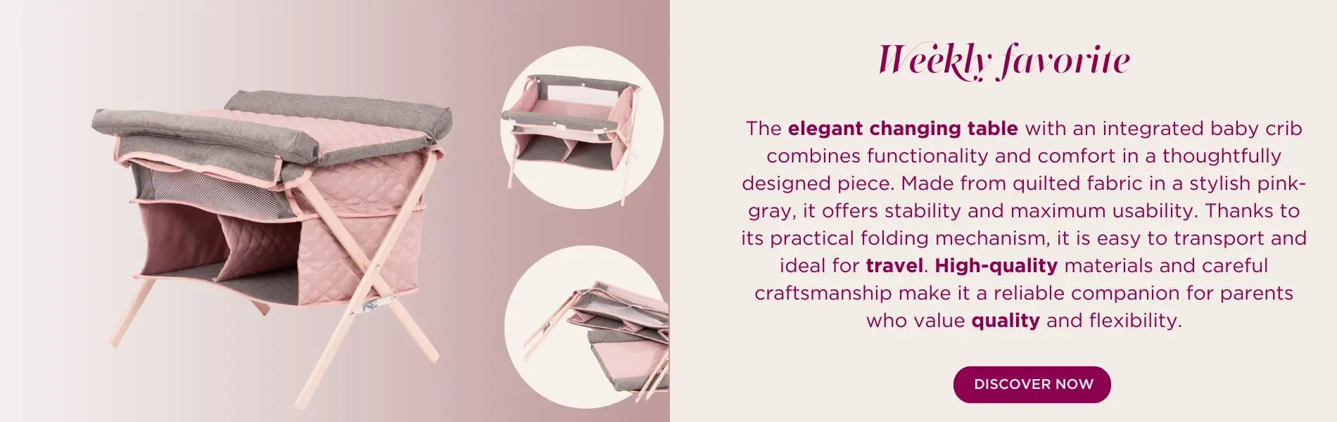 Wickeltisch und Reisebett in einem. In hellgrau mit rosa, zwei Faechern von Goetz