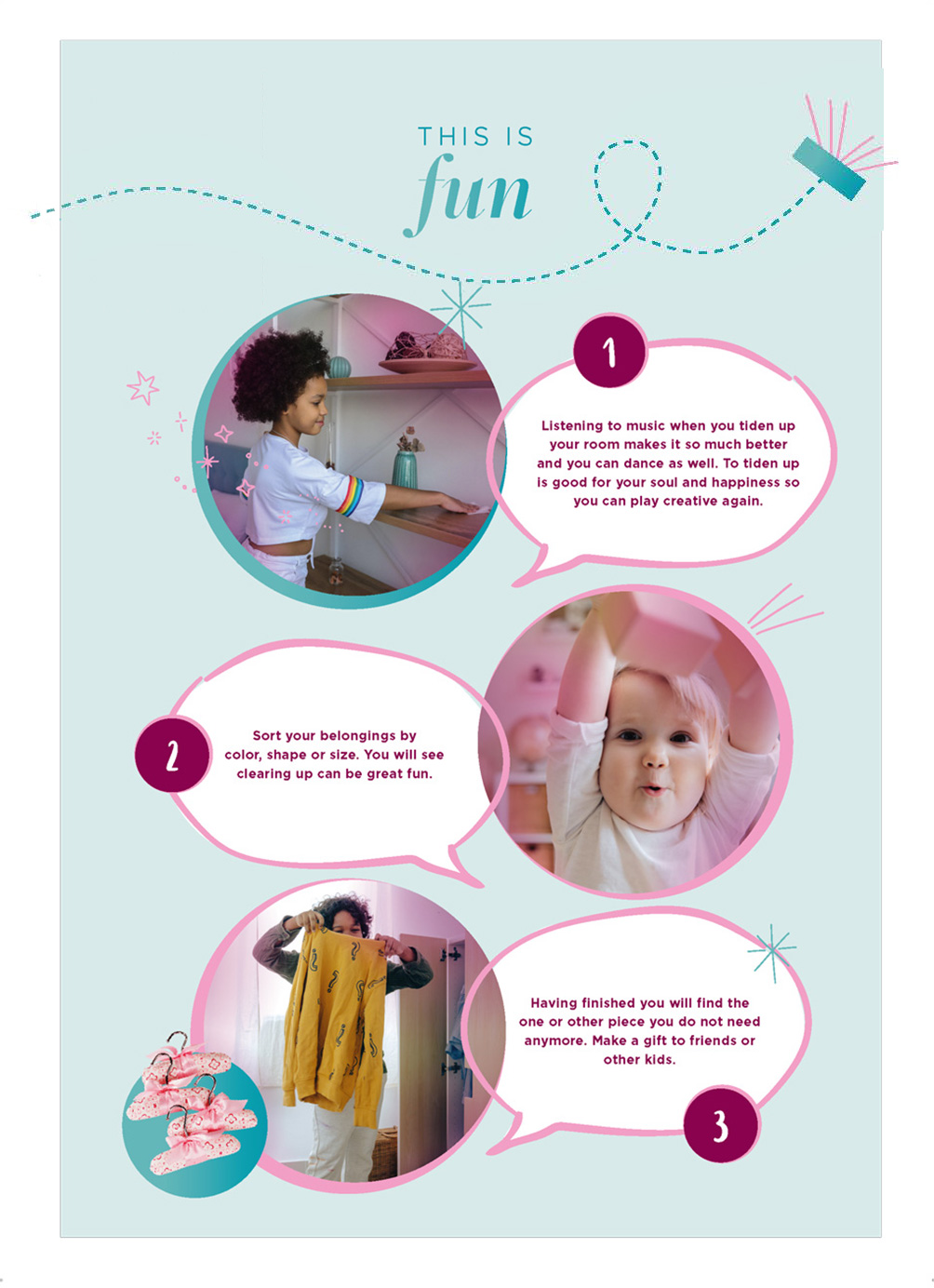 Family activity tidy up Goetz Cleaning tips and three pictures of children having fun while tidying up