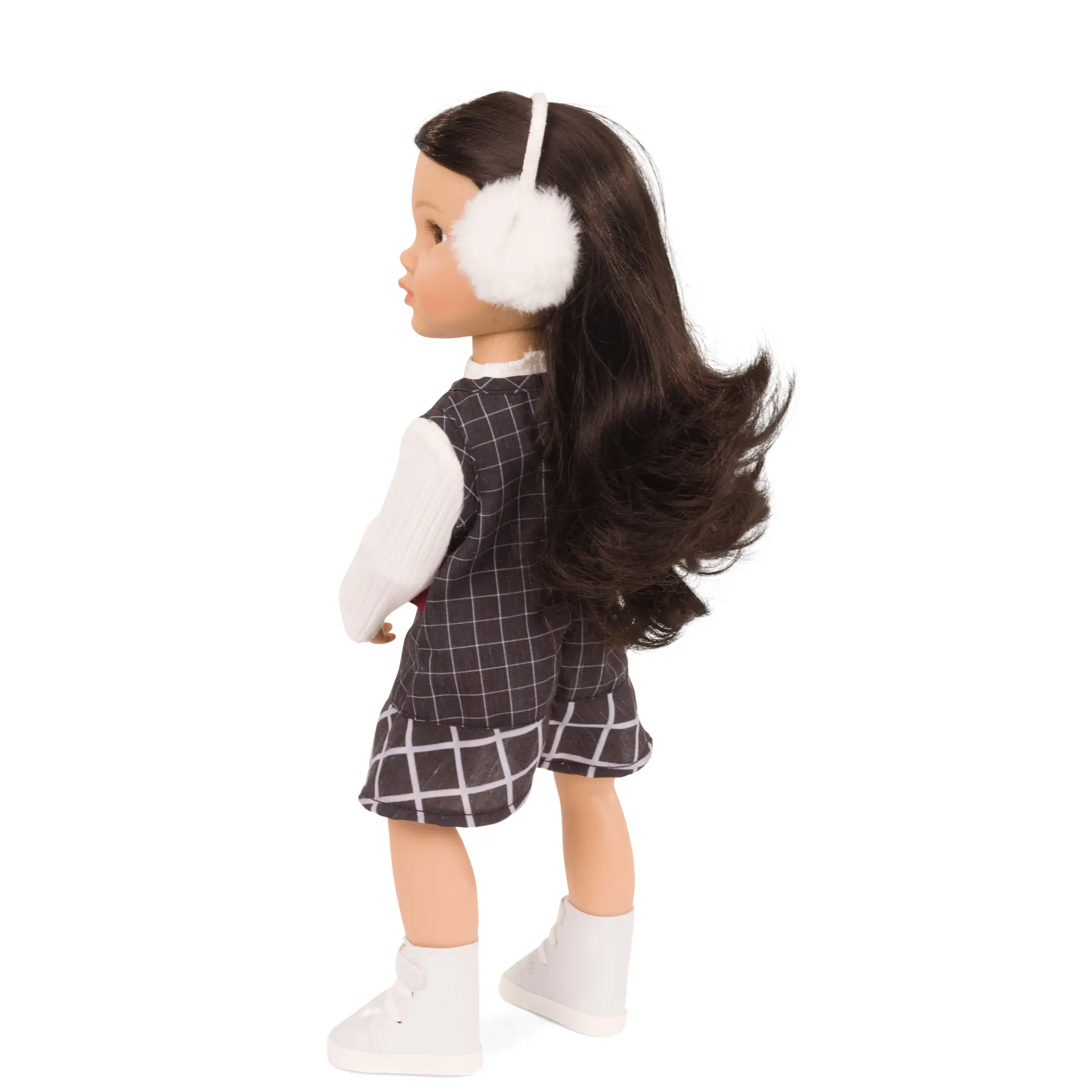 little-kidz-signature-edition-kopenhagen-multigelenkstehpuppepuppe-goetz-kleid-karokleid-langhaarig-schwarzhaarig-ohrenwaermer-langarm-shirt-booties