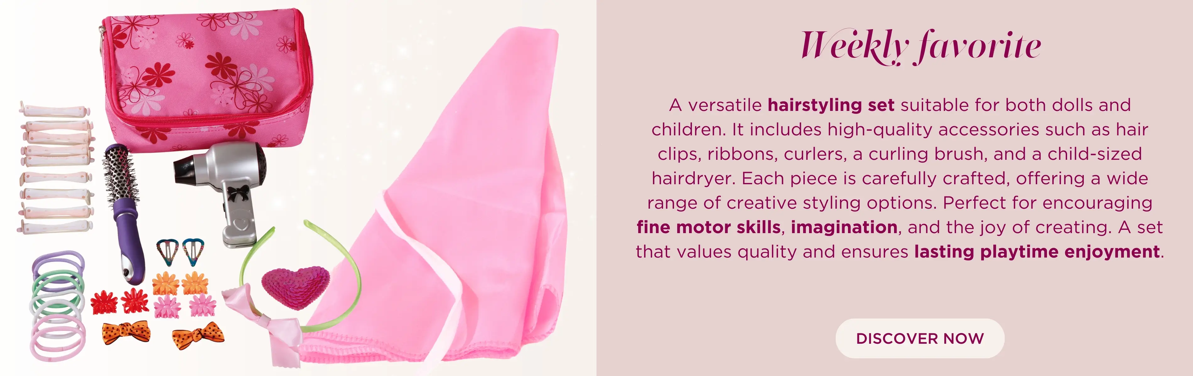 Frisierset in einer schicken Tasche. Föhn, Lockenbürste, Lockenwickler, Haargummis, Haarreif, Haarspangen, Haarclips und Frisierumhang von Goetz