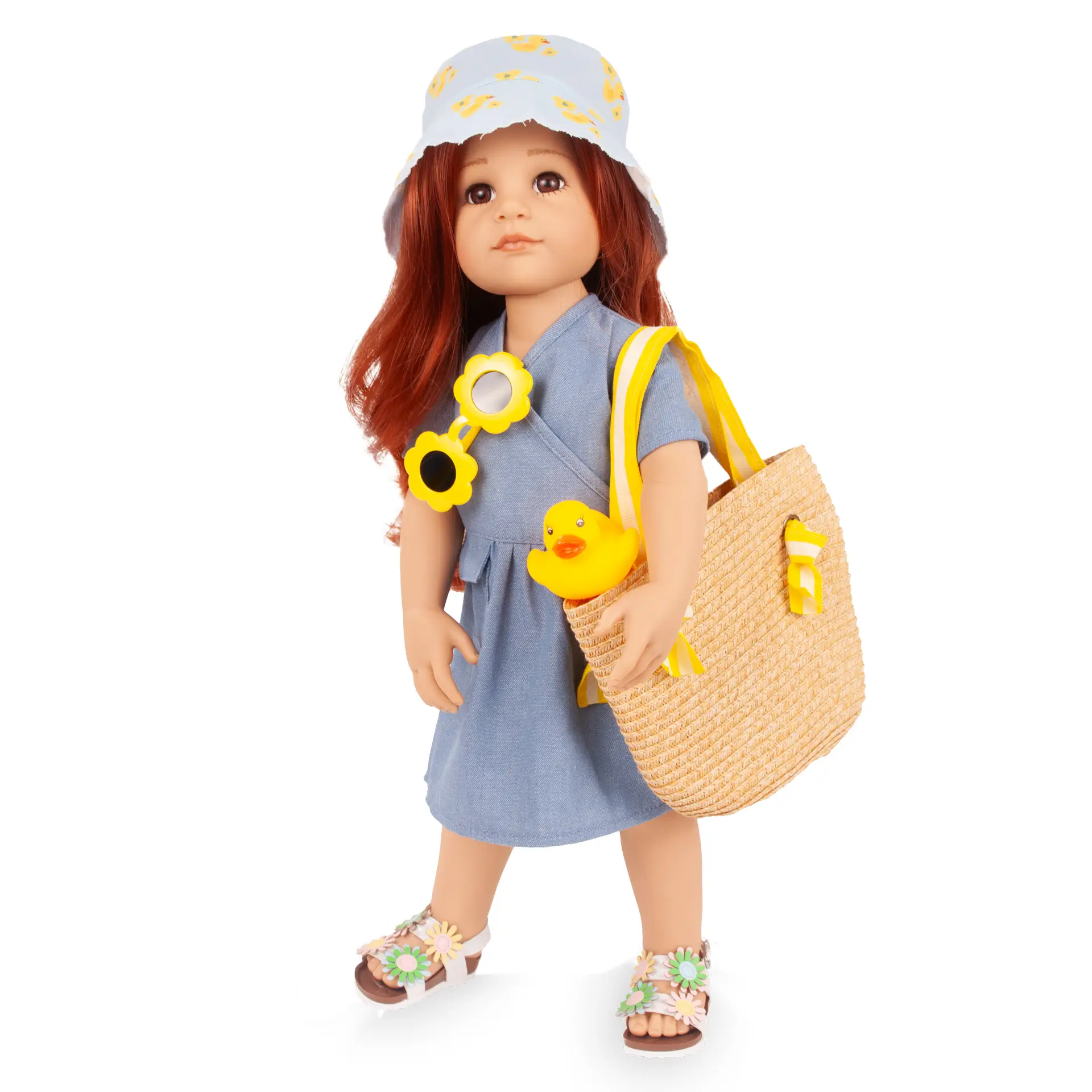 Stehpuppe Gr. 45 cm mit braunem langen Haar und braunen Augen in blauem Wickelkleid mit Basttasche, Blumensandalen, einer Cappy, Badeente und Sonnenbrille von Goetz