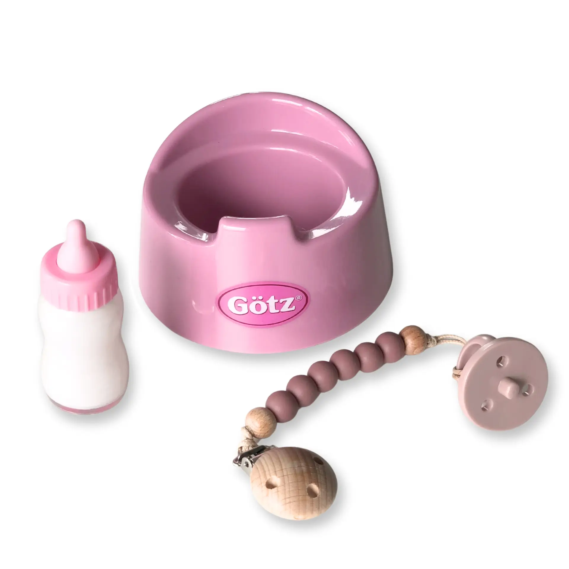 3403643 Basic-Set Soft Mood Goetz Basic-Set für Babypuppen Gr. 30-33 cm mit Töpfchen, Magic-Milchflasche, einem Schnuller mit Schnullerkette. Alles in einem zarten Altrosa.