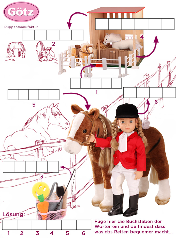 Gezeichnete Pferdekoppel mit Feldern zum Eintragen der gesuchten Woerter