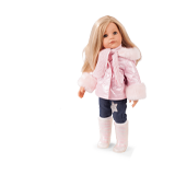 50 cm große Stehpuppe mit blonden langen Haaren mit Jacke Jeans und Gummistiefeln