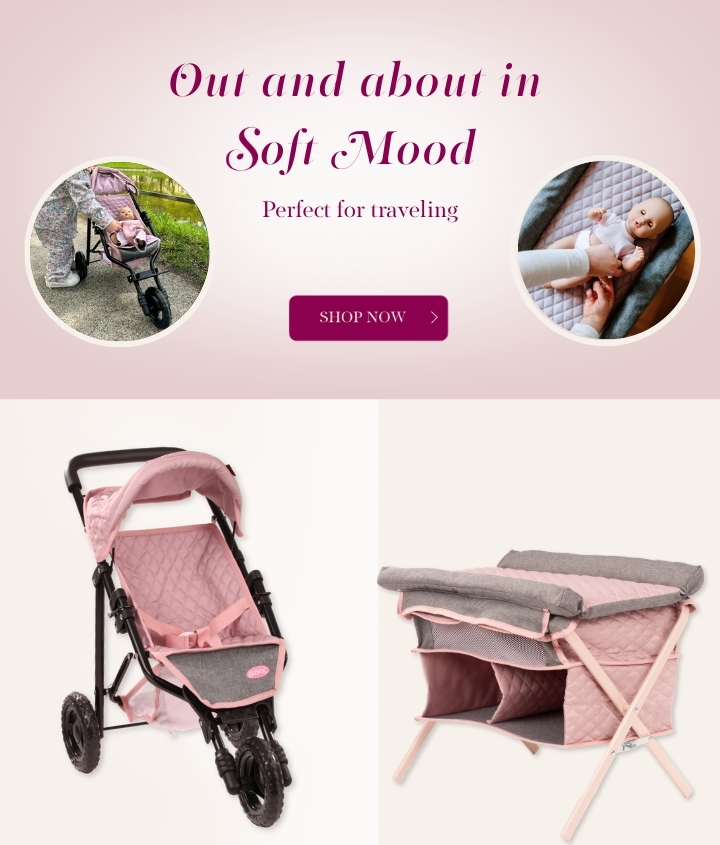 Kleiner Puppenbuggy und Reise-Wickelbett in Rosa-Grau von Goetz
