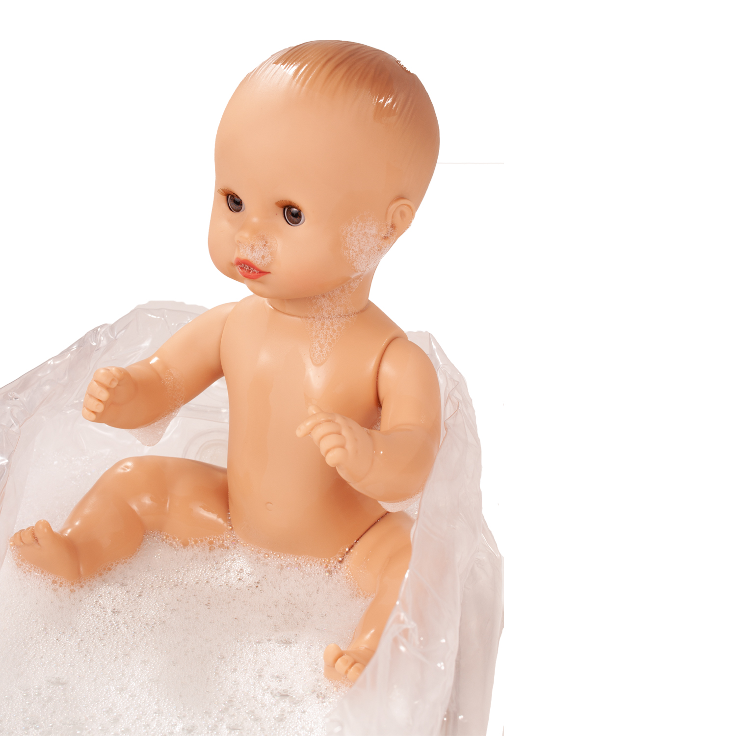 Aquini Badepuppe Goetz Badepuppe ohne Haare mit braunen Schlafaugen 33 cm groß in Badewanne