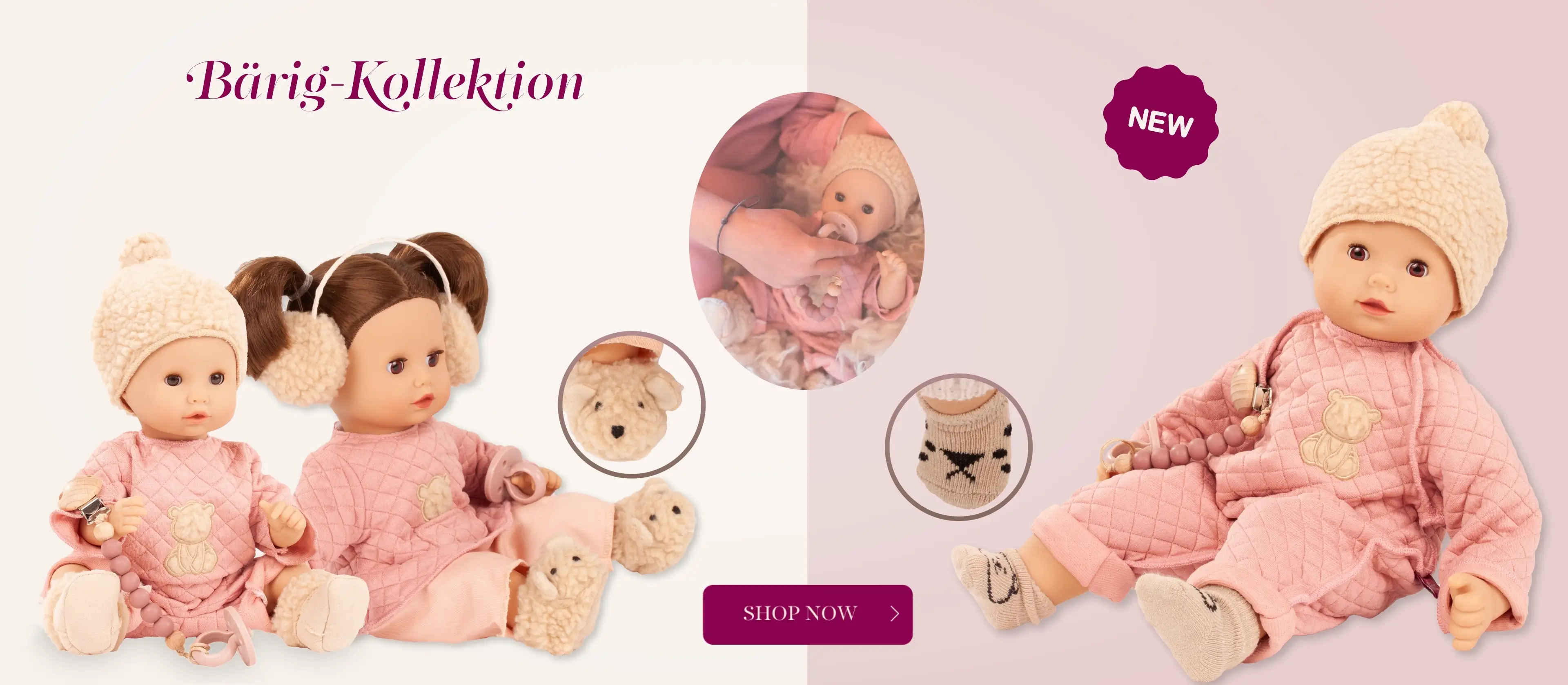 Neue Kollektion Baerig. Babypuppen Gr. 33 cm und 42 cm in Rosa-Beige mit Teddystoff und Baeren-Applikationen von Goetz