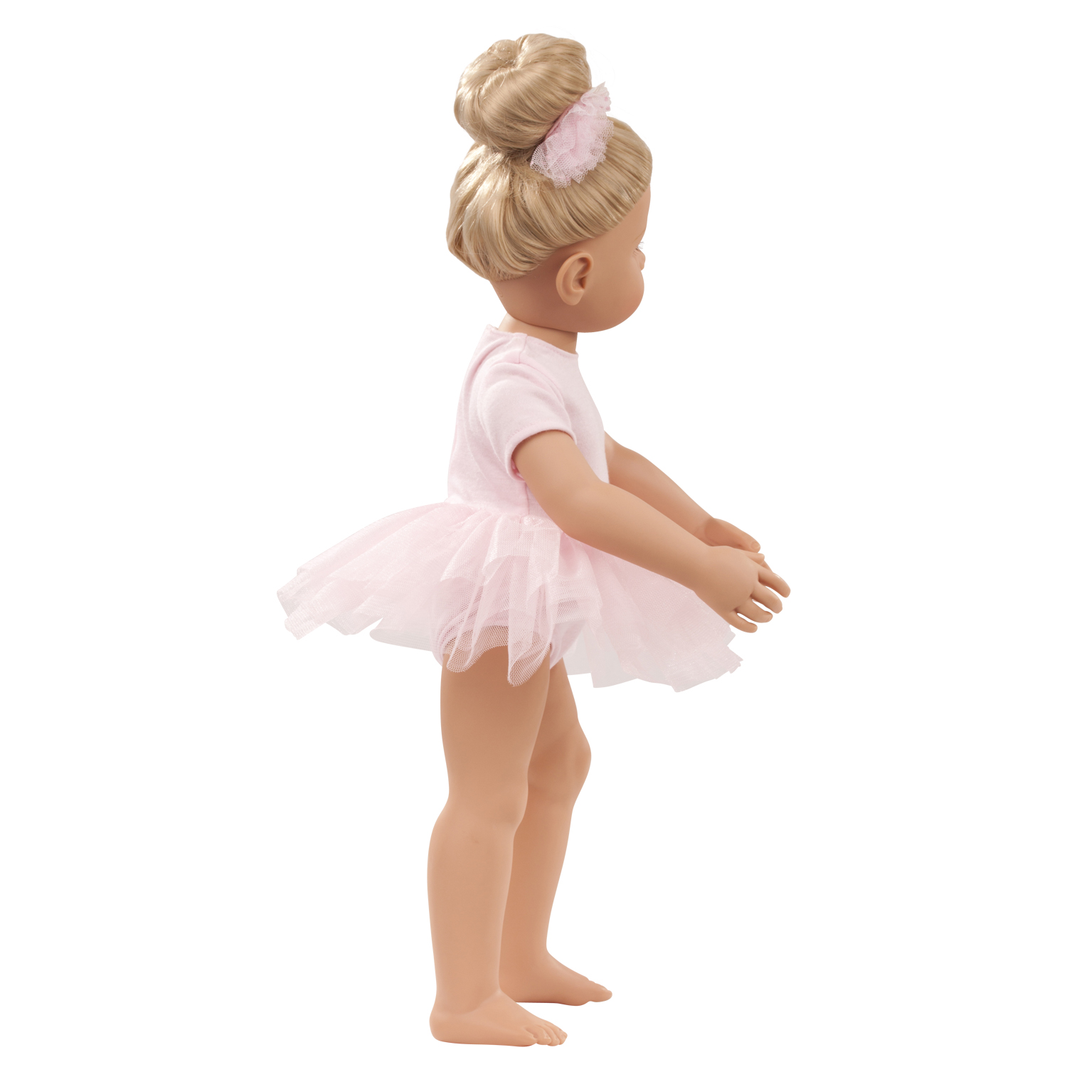 50 cm grosse blonde Stehpuppe traegt einen rosa Ballettanzug