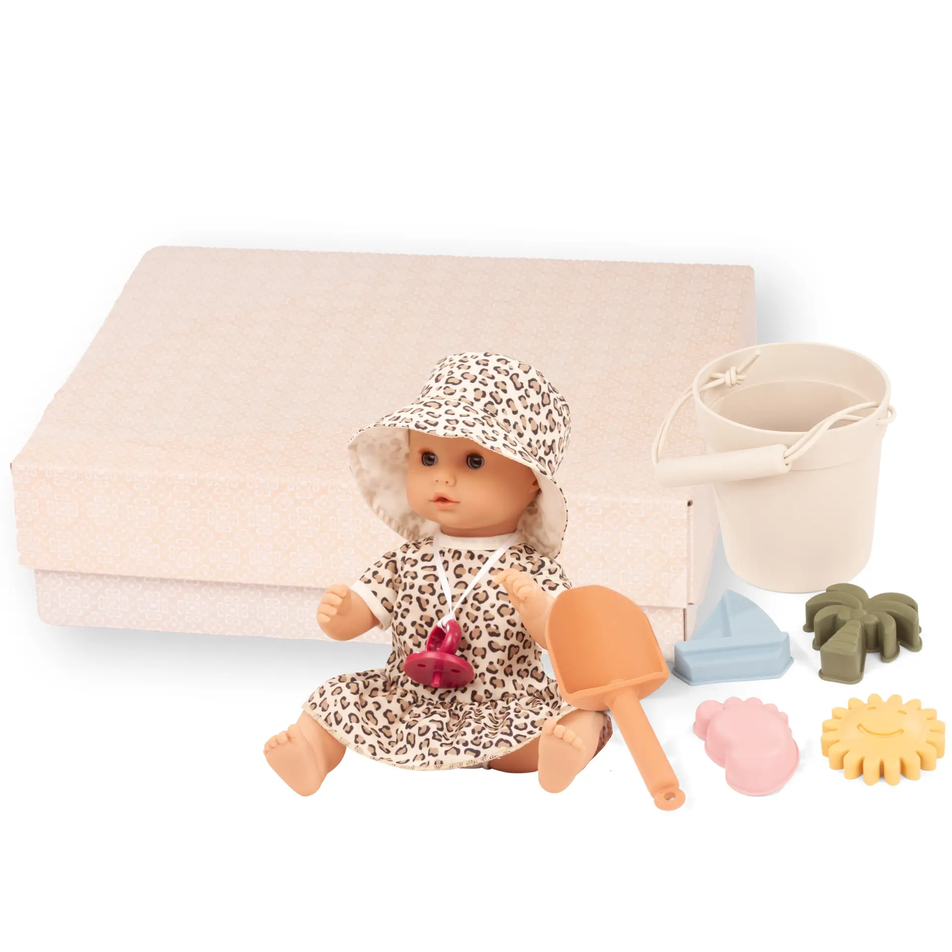 Badepuppe mit Schlafaugen Gr. 30 cm in getigerter Sommerkleidung mit Strandspielzeug: Schaufel, vier Foermchen und einem Eimer in edler Geschenkbox