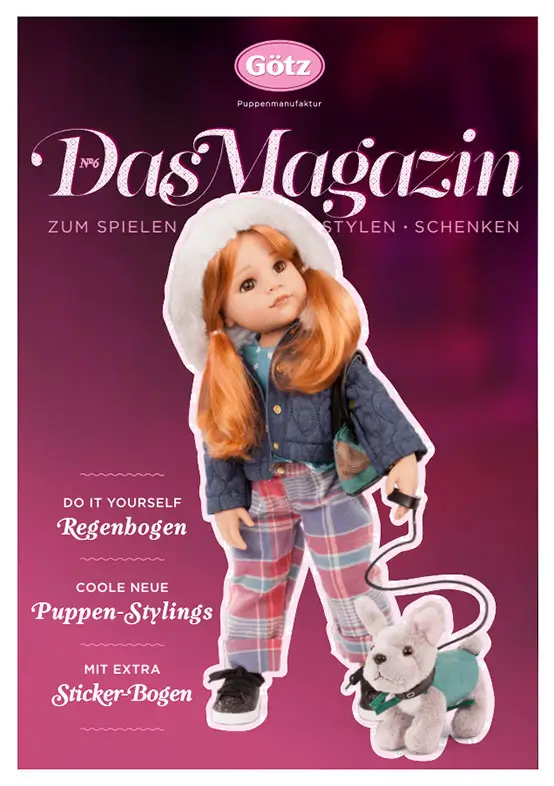 Cover des Goetz Puppen Magazins Nr 6 mit einer Stehpuppe 50 cm groß mit roten Haaren und einem Plueschhund