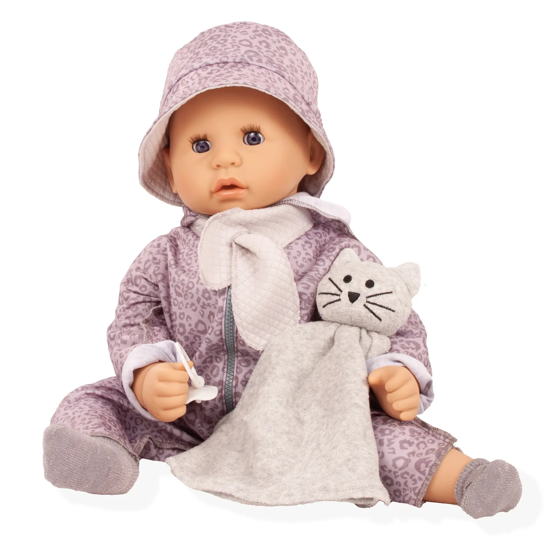 2561056-cookie-graue-katze-babypuppe-goetz cookie-graue-katze-babypuppe-goetz-anzug-getigert-hut-kuschelkatze-schal-schnuller-struempfe-schlafaugen-blaue-augen-ohne-haare