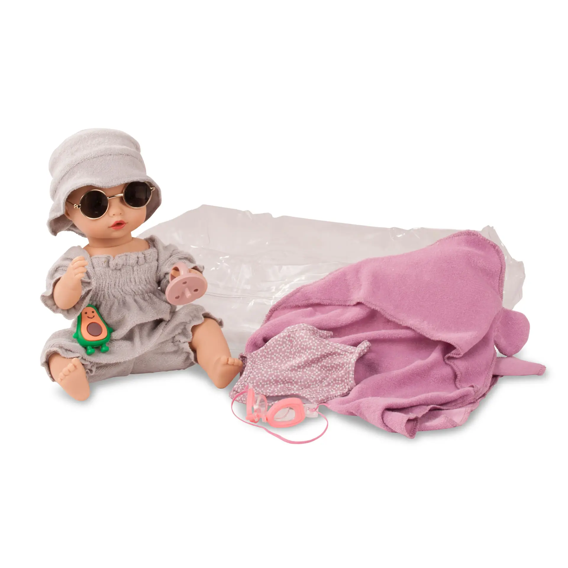 sleepy-aquini-maedchen-avocado-sonnenbrille-taucherbrille-badenazug-sommeranzug-hut-pool-schnuller-babypuppe-goetz