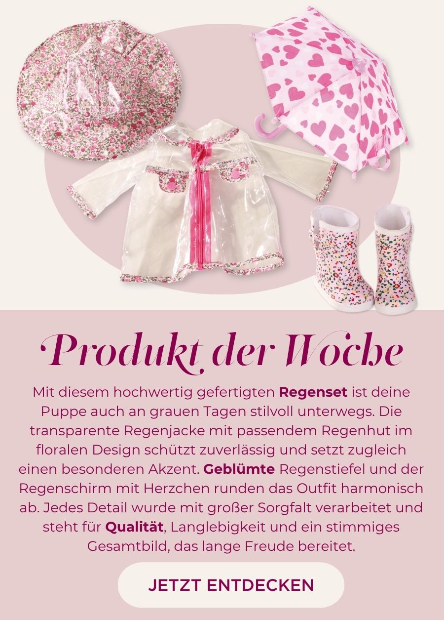 Regenbekleidung fuer Babypuppen 42 cm und Stehpuppen 46-50 cm. Regenjacke, durchsichtig, Regenschirm und Regenhut von Goetz
