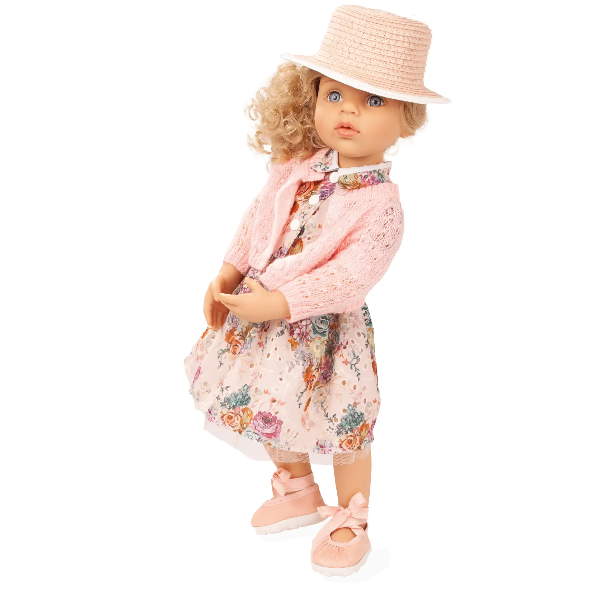 2566503 Happy Kidz Greta Multigelenkstehpuppe Goetz happy-kidz-greta-multigelenkstehpuppe-goetz-hut-strickjacke-sommerkleid-tuellrock-blaue-augen-locken-blond-langhaarig-sommerschuhe-ballerinas