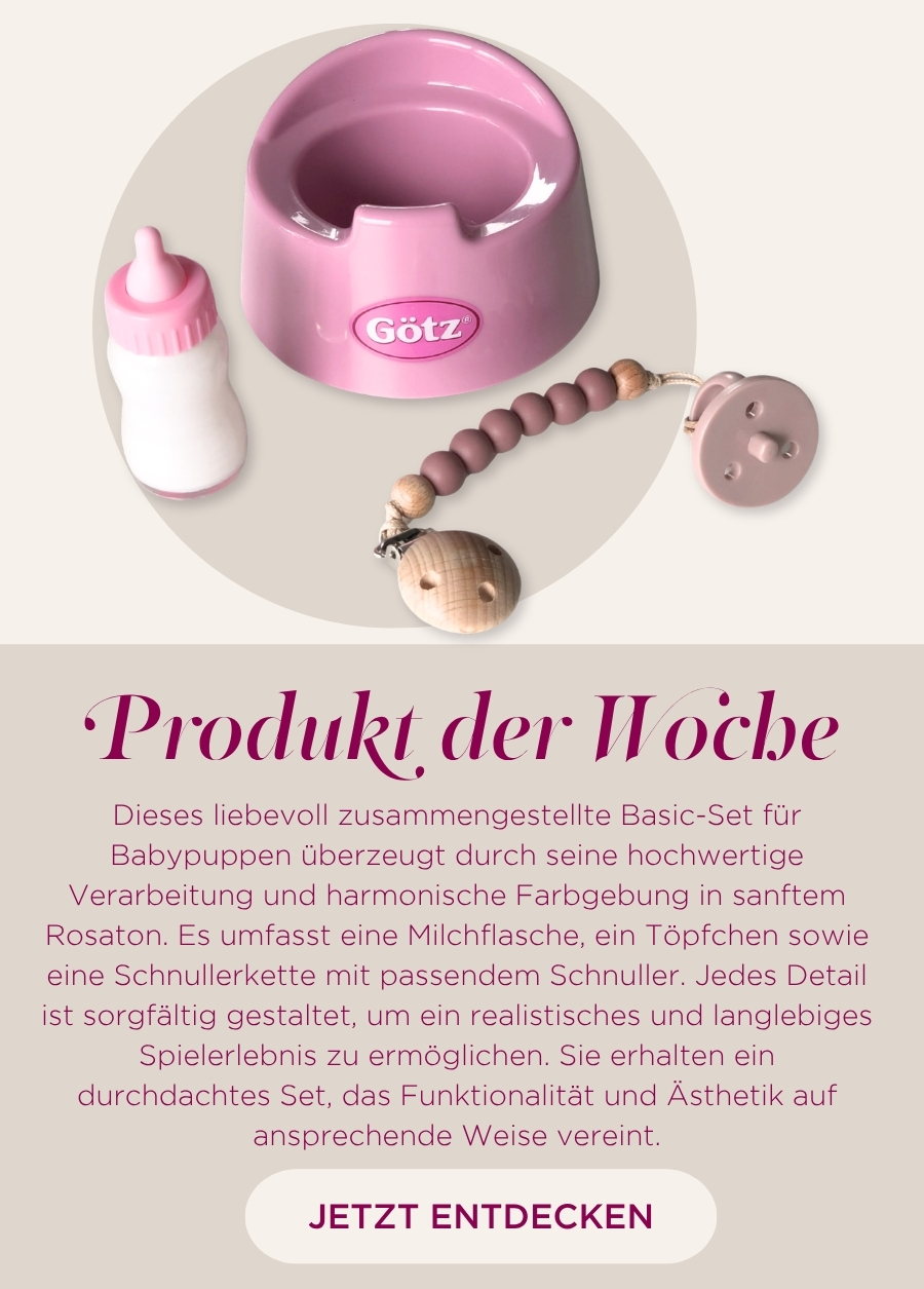 Basic-Babypuppenset bestehend aus Toepfchen, Milchflasche, Schnullerkette mit Schnuller fuer Babypuppen Gr. 30-33 cm in eniem zarten Rosa von Goetz