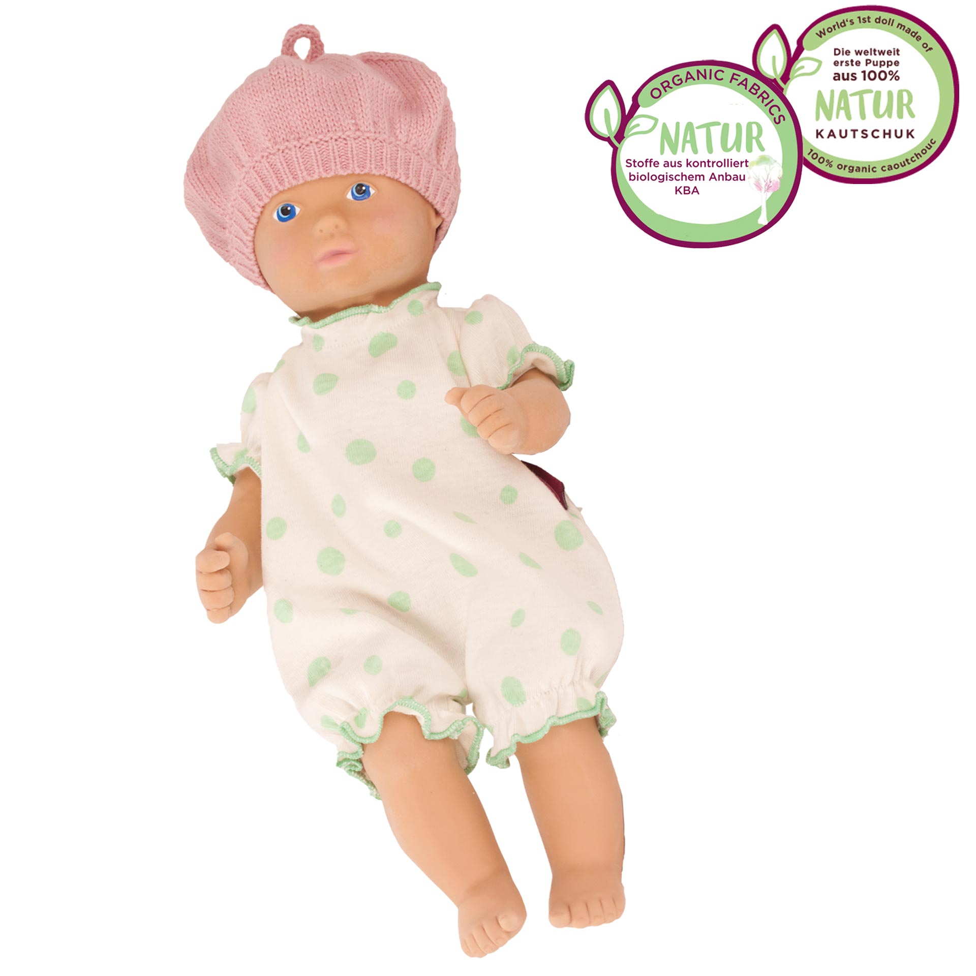 3403528-set-lina-getupft-naturkautschukpuppe-goetz set-lina-blockstreifen-bekleidung-goetz-nachhaltig-vegan-oekologisch-strampler-baskenmuetze-strickmuetze-kautschukpuppe-naturkautschuk