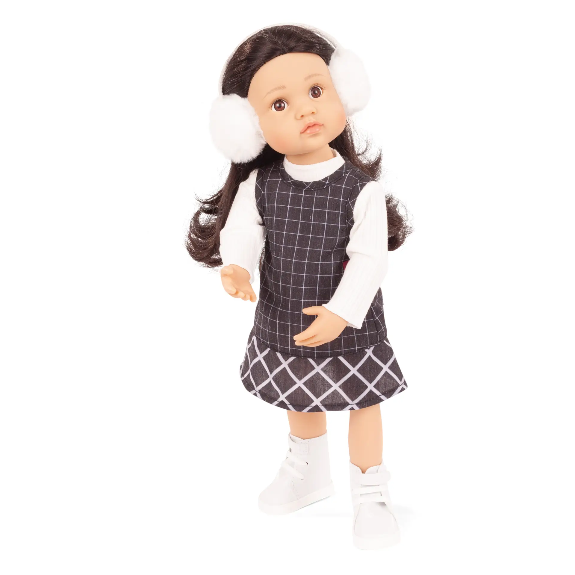 little-kidz-signature-edition-kopenhagen-multigelenkstehpuppepuppe-goetz-kleid-karokleid-langhaarig-schwarzhaarig-ohrenwaermer-langarm-shirt-booties