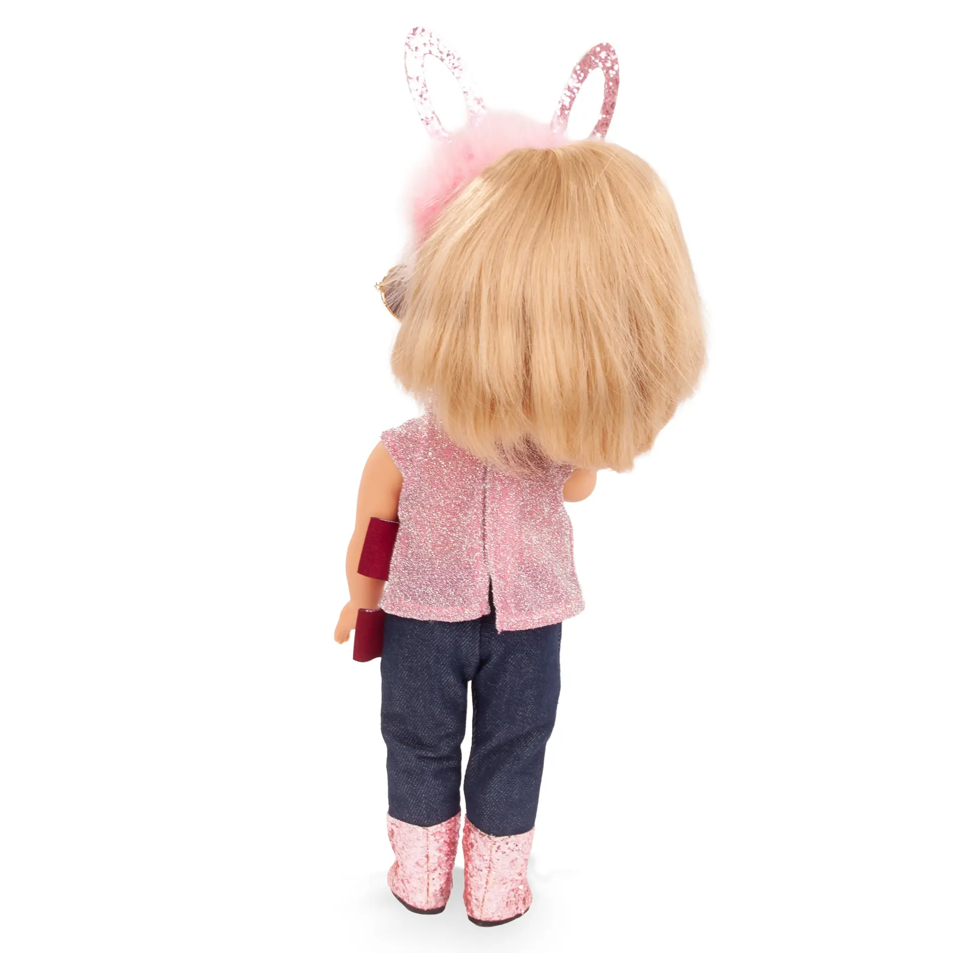 Stehpuppe Gr. 27 cm von hinten mit blondem Zopf und Jeans, Glitzerstiefel und Glitzerbluse von Goetz