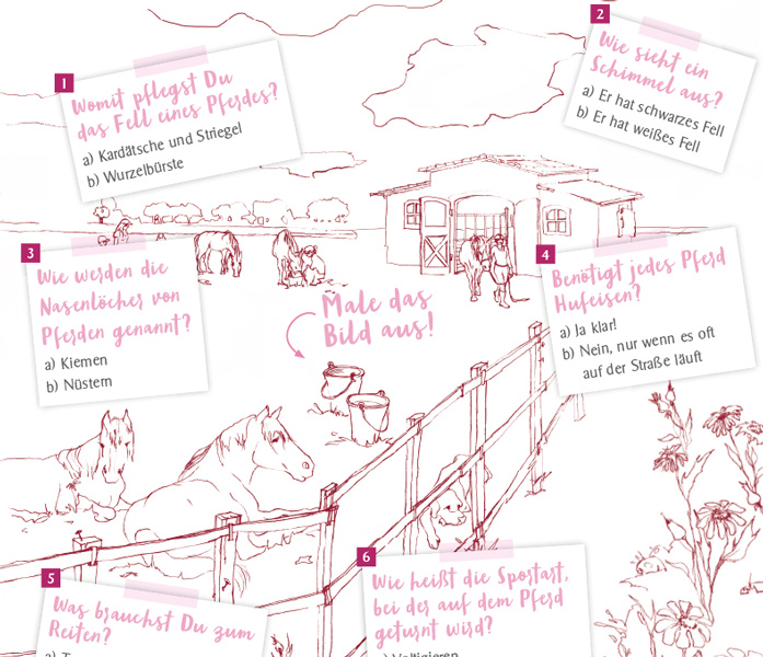 gezeichnete Pferdekoppel mit Fragen rund um das Thema Pferde