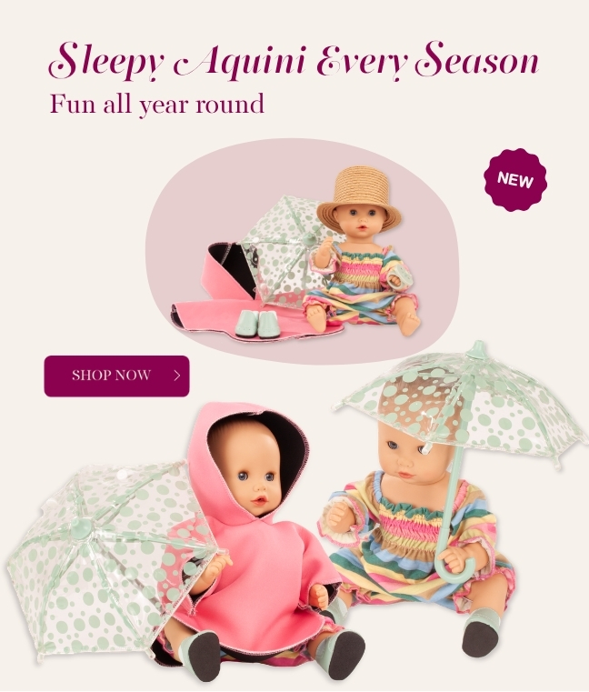 Badepuppe Gr. 30 cm mit blauen Schlafaugen, ohne Haare mit Regenschirm, Regencape, Sommeranzug, Boots und Strohhut von Goetz